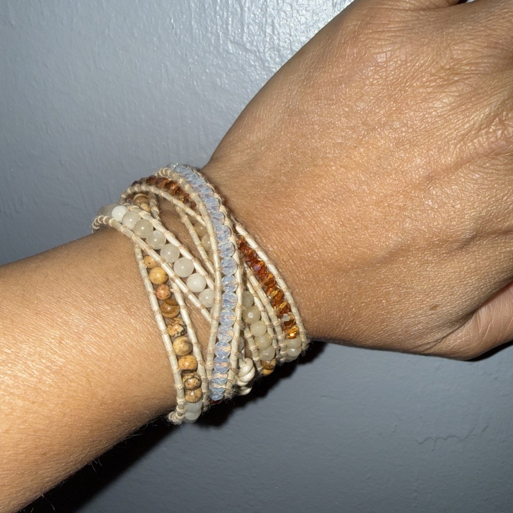 VICTORIA EMERSON Golden & Ivory Beads in Beige Leather Wrap Bracelet 36.5"